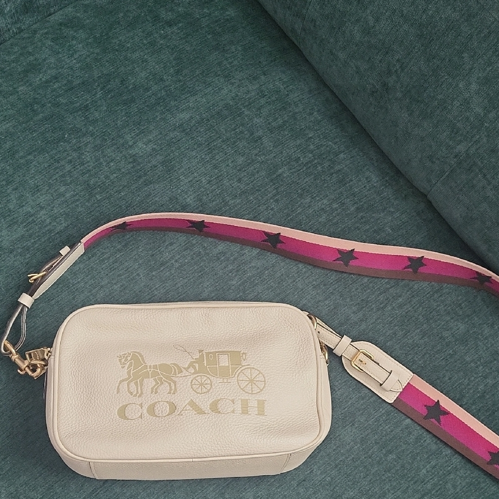 Coach Cream Crossbody Bag with Pink and Black Star Strap